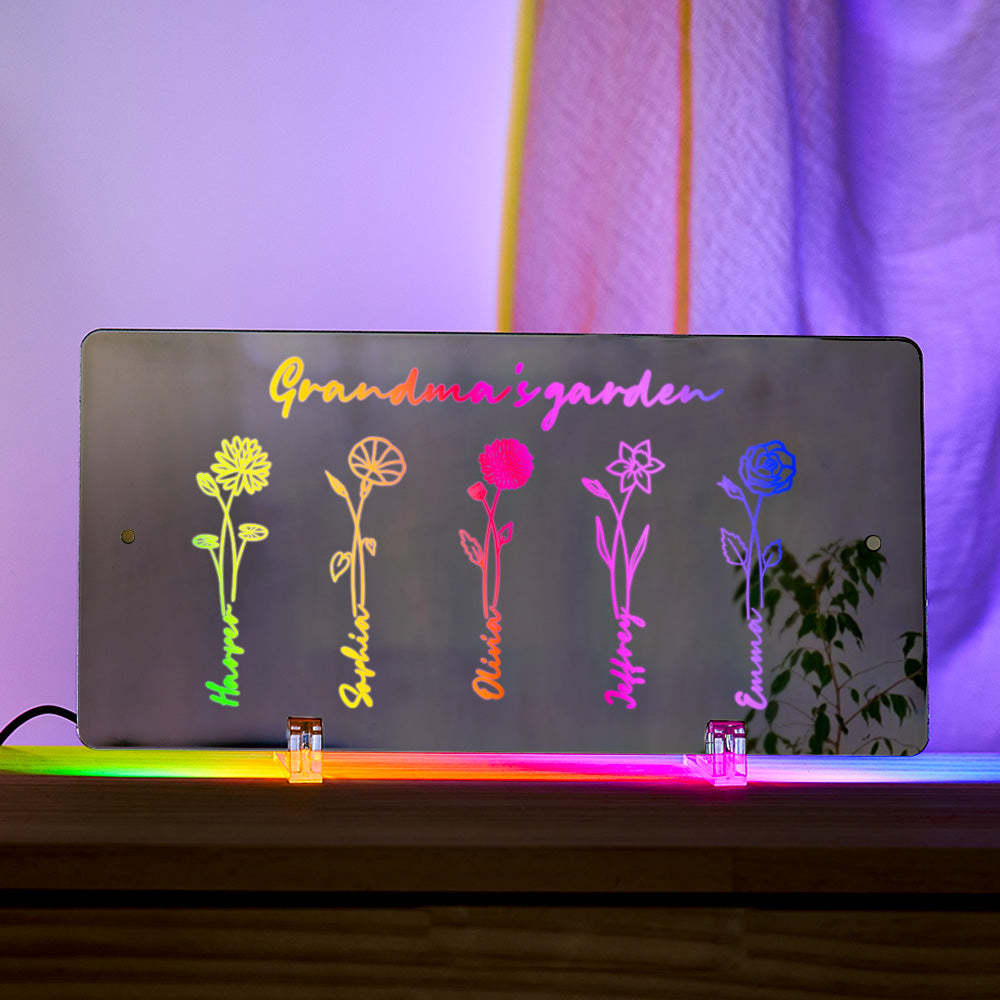 Personalized LED Name Mirror Light Grandma's Garden Sign with Birth Month Flower - MyMoonLampUk