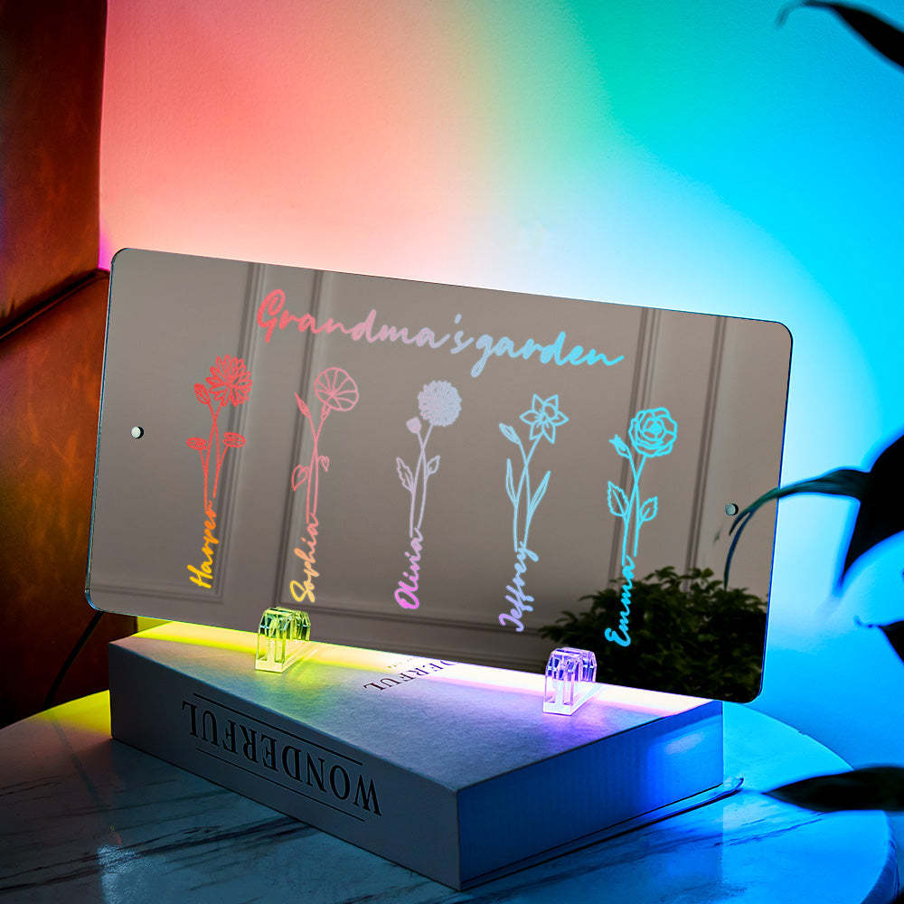 Personalized LED Name Mirror Light Grandma's Garden Sign with Birth Month Flower - MyMoonLampUk