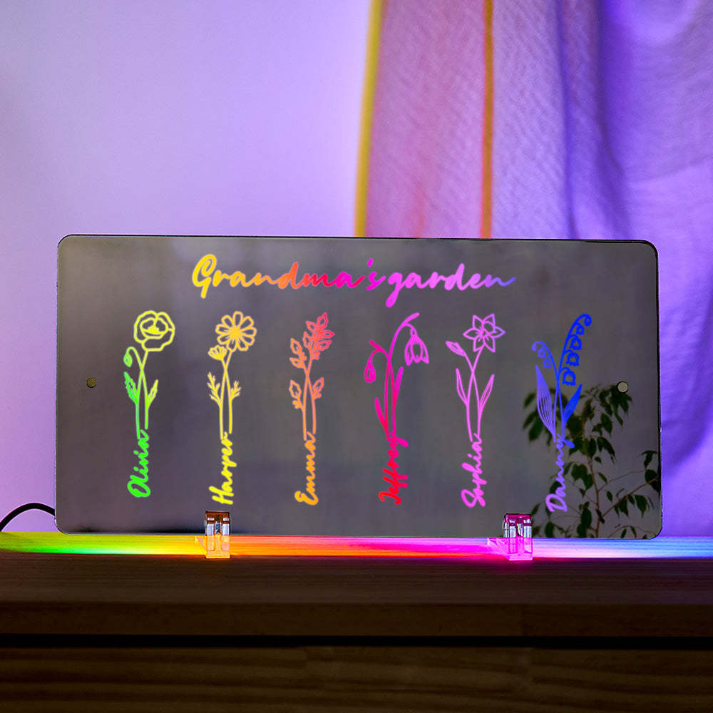 Personalized LED Name Mirror Light Grandma's Garden Sign with Birth Month Flower - MyMoonLampUk