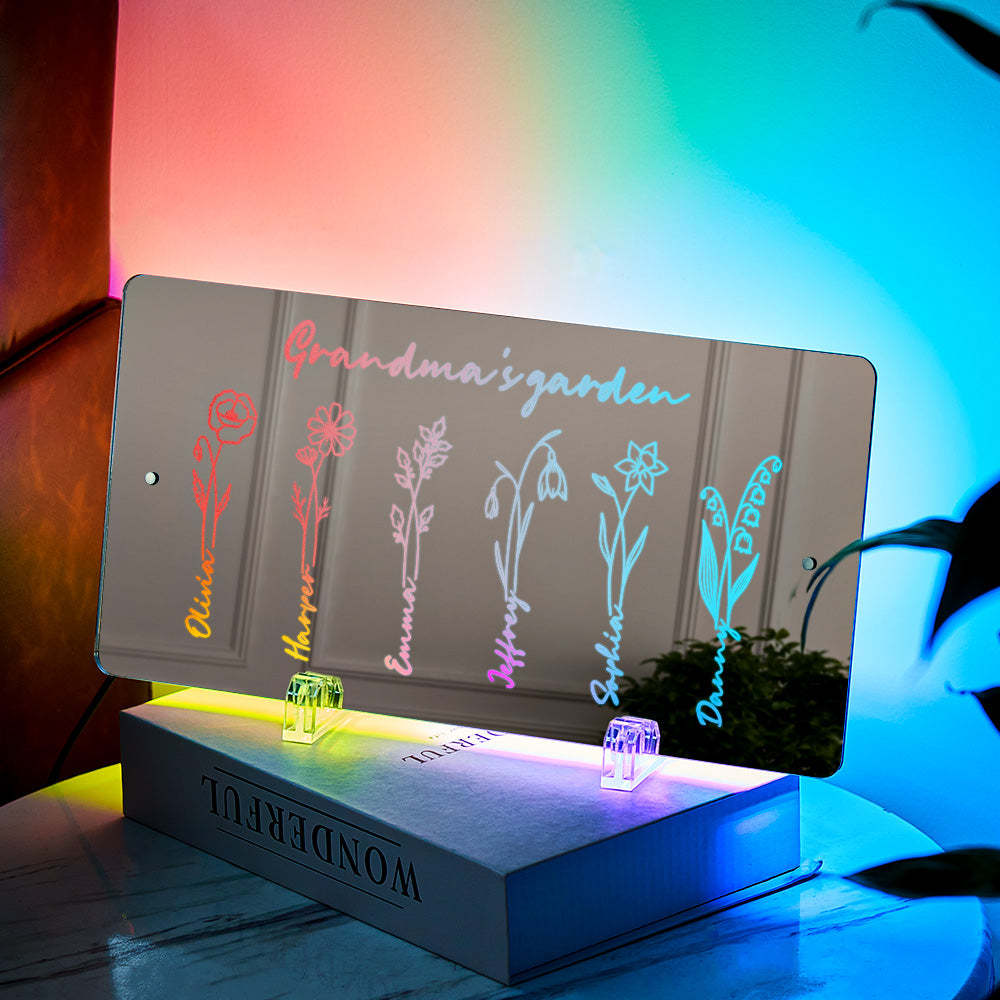 Personalized LED Name Mirror Light Grandma's Garden Sign with Birth Month Flower - MyMoonLampUk