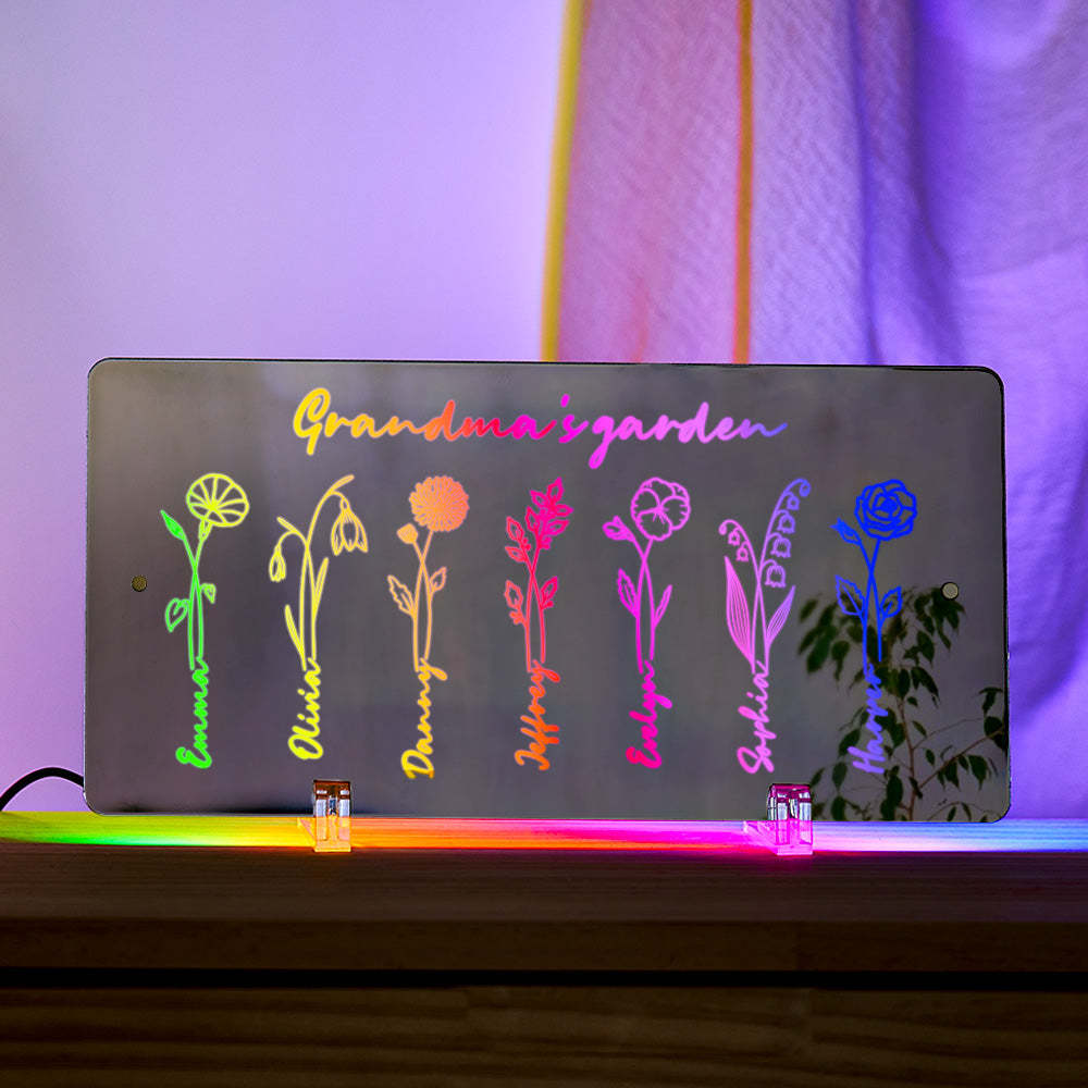 Personalized LED Name Mirror Light Grandma's Garden Sign with Birth Month Flower - MyMoonLampUk
