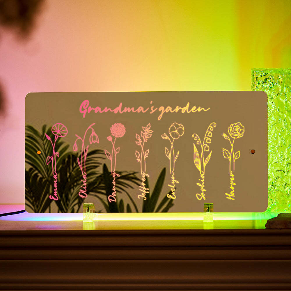 Personalized LED Name Mirror Light Grandma's Garden Sign with Birth Month Flower - MyMoonLampUk