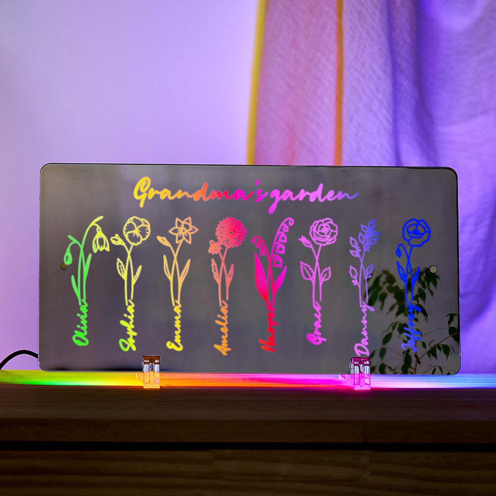 Personalized LED Name Mirror Light Grandma's Garden Sign with Birth Month Flower - MyMoonLampUk
