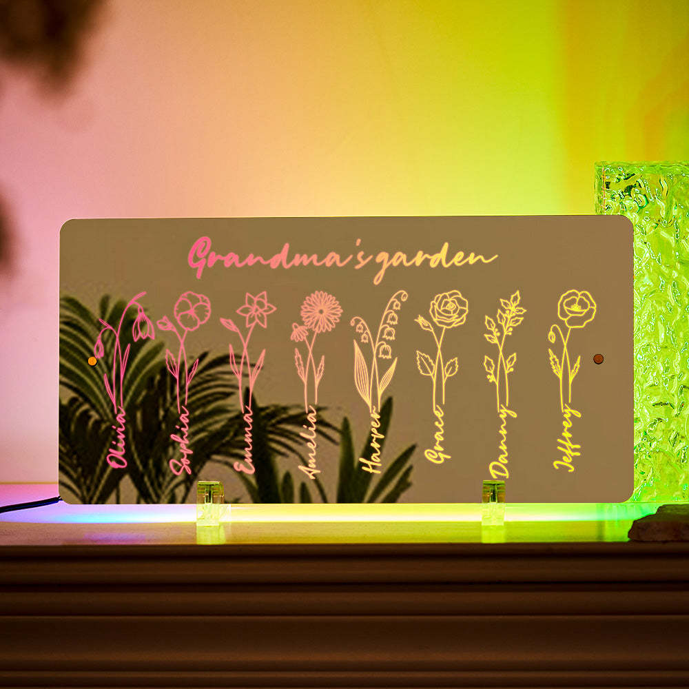 Personalized LED Name Mirror Light Grandma's Garden Sign with Birth Month Flower - MyMoonLampUk