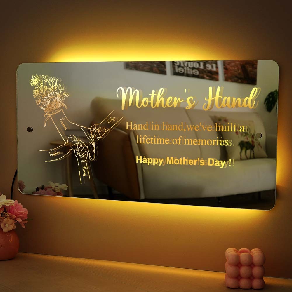 Mother's Day Gift Hand in Hand Personalized Mom and Kids Personalized Mirror Light Gift for Mom - MyMoonLampUk