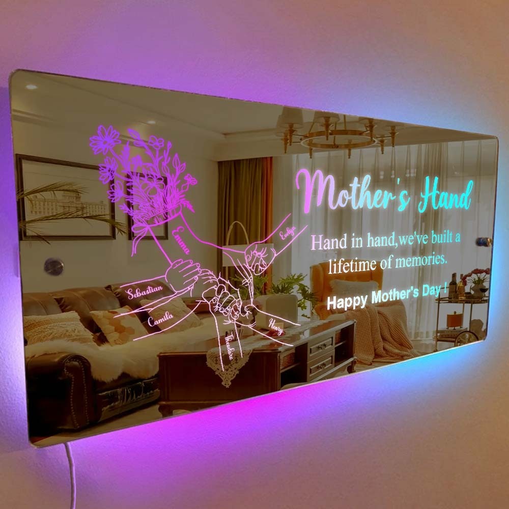 Mother's Day Gift Hand in Hand Personalized Mom and Kids Personalized Mirror Light Gift for Mom - MyMoonLampUk