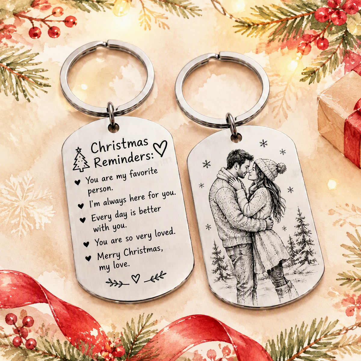 Personalized Christmas Keychain Gift for Couples  Engraved Message & Photo Stainless Steel Keyring - MyMoonLampUk