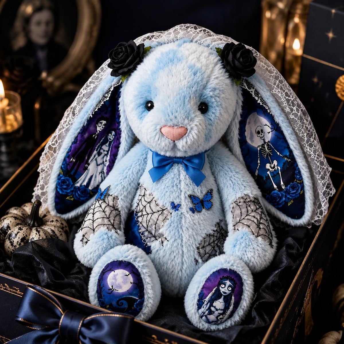 Gothic Blue Plush Bunny Doll with Character Print Ears and Feet – Halloween Gift for Teens & Adults - MyMoonLampUk