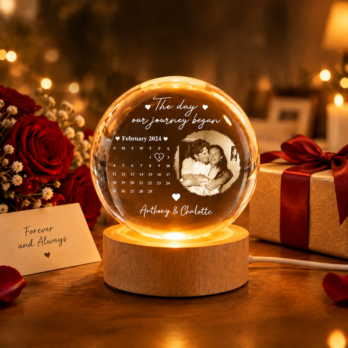Custom Photo Our Journey Began Calendar Night Light - Personalized Crystal Ball LED Night Light - Sweet Love For Couple, Wife, Husband - MyMoonLampUk