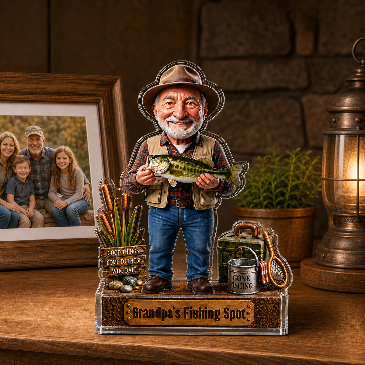 Personalized Fishing Grandpa Figurine Gift – Custom Photo Caricature for Father’s Day, Birthday or Retirement - MyMoonLampUk