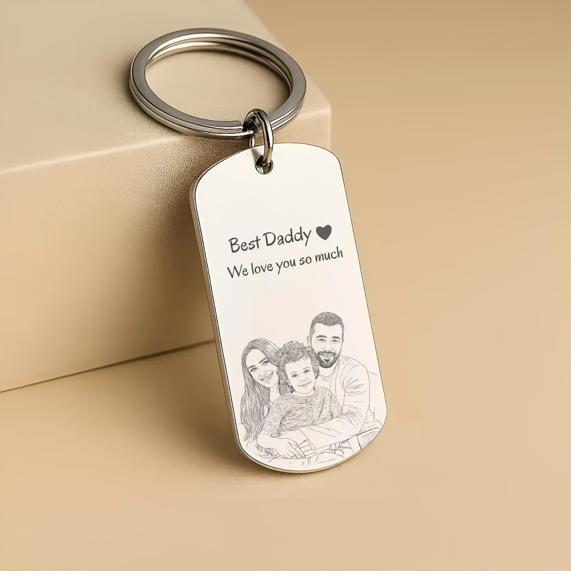 Personalised Photo Keychain Custom Engraved Sketch Keyring for Dad Memorial Stainless Steel Keepsake Birthday Gift for Him - MyMoonLampUk