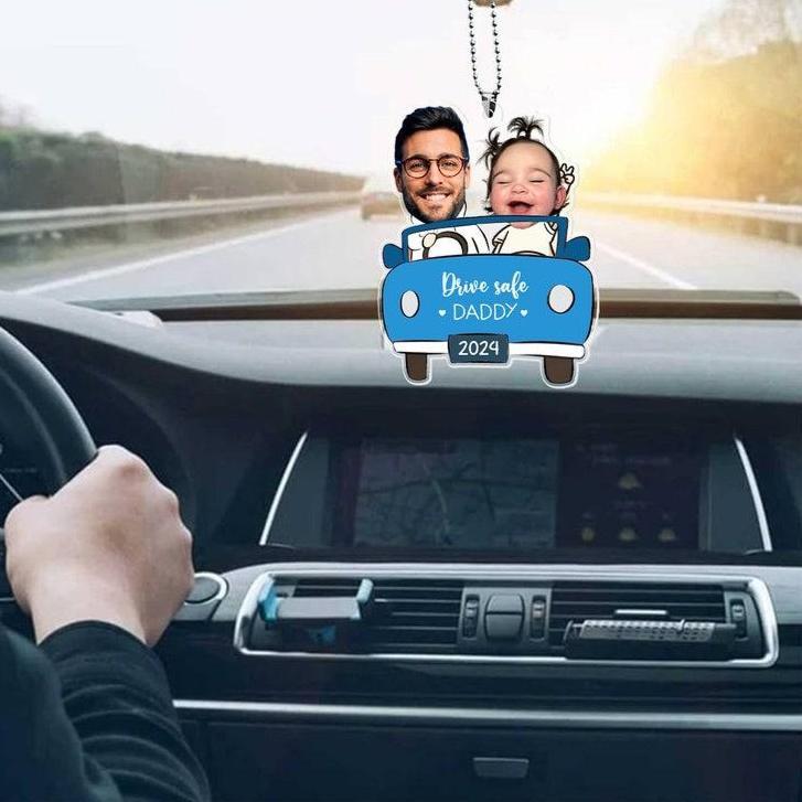 Personalized Photo Ornament in Car for Dad, Funny Customized Drive Safe Daddy Acrylic Hanger Gift Idea for Husband, Dad Birthday Gift - MyMoonLampUk