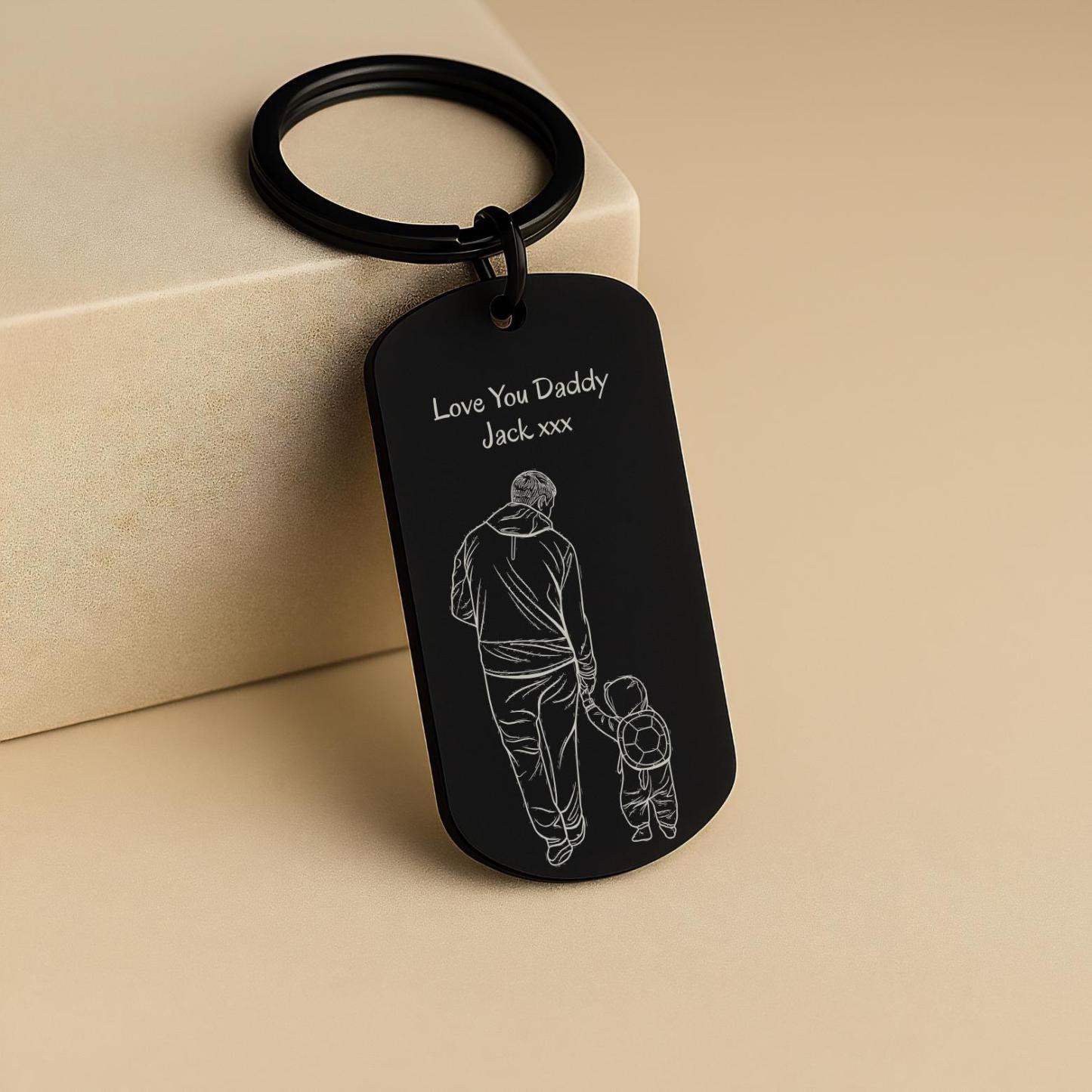 Personalised Photo Keychain Custom Engraved Sketch Keyring for Dad Memorial Stainless Steel Keepsake Birthday Gift for Him - MyMoonLampUk