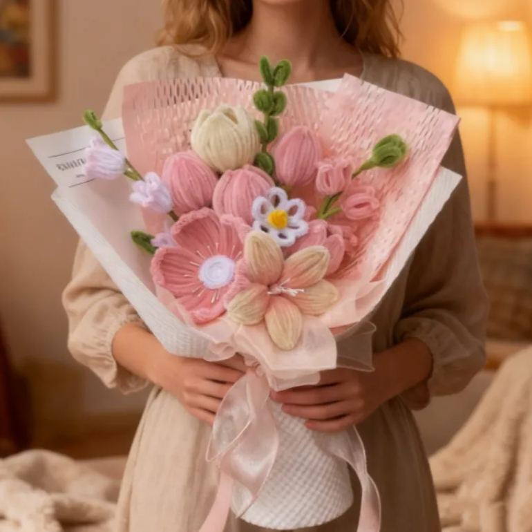 Handmade Crochet Flower Bouquet, Everlasting Twist Stem Flowers, Mother’s Day Gift for Mum, Birthday & Graduation Gift for Sister, Friend or Girlfriend