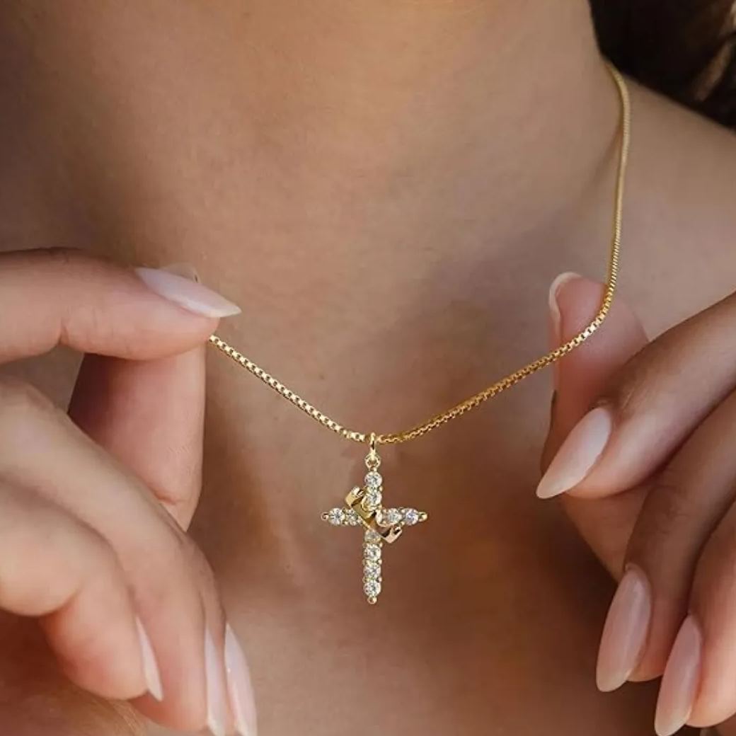 Dainty Crown Cross Necklace for Women, Copper-Based Silver-Plated Zircon Pendant, Perfect Mother's Day Gift for Mom - MyMoonLampUk
