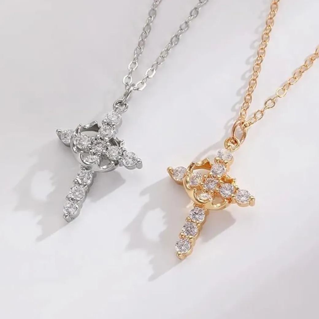 Dainty Crown Cross Necklace for Women, Copper-Based Silver-Plated Zircon Pendant, Perfect Mother's Day Gift for Mom - MyMoonLampUk