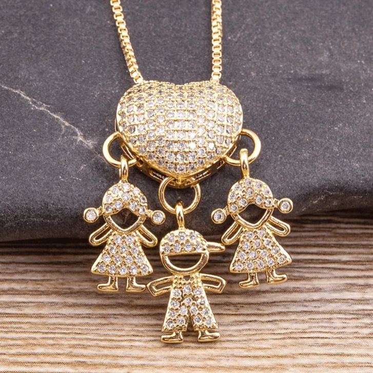 Personalized Zircon Heart Pendant Necklace with Boy & Girl Charm – Custom Family Jewelry Gift for Mom & Dad, Mother’s Day & Father’s Day Gift - MyMoonLampUk