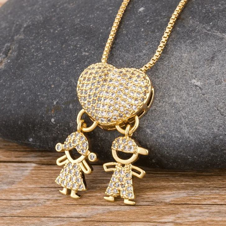Personalized Zircon Heart Pendant Necklace with Boy & Girl Charm – Custom Family Jewelry Gift for Mom & Dad, Mother’s Day & Father’s Day Gift - MyMoonLampUk