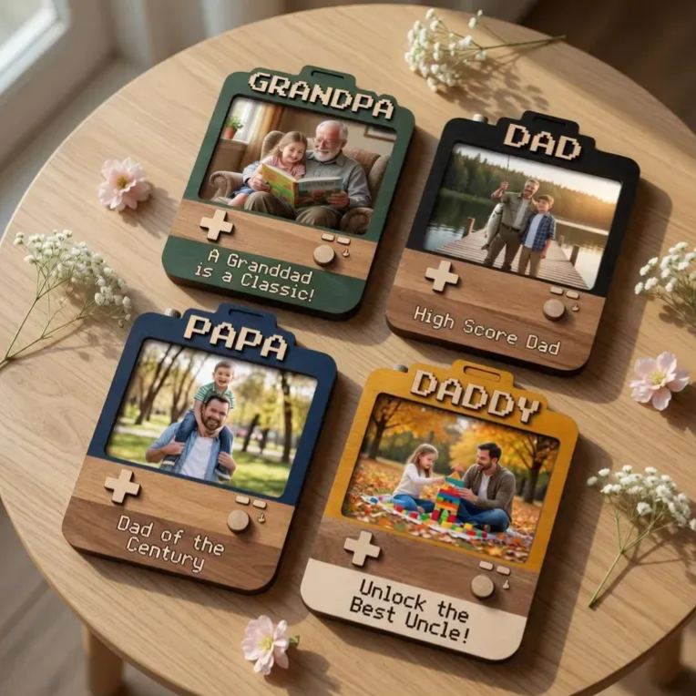 Custom Dad Photo Game Frame Magnet, Personalized Father's Day Gift, Retro Game Console 2D Picture Magnet, Wooden & Acrylic Keepsake for Dad, Grandpa, Papa
