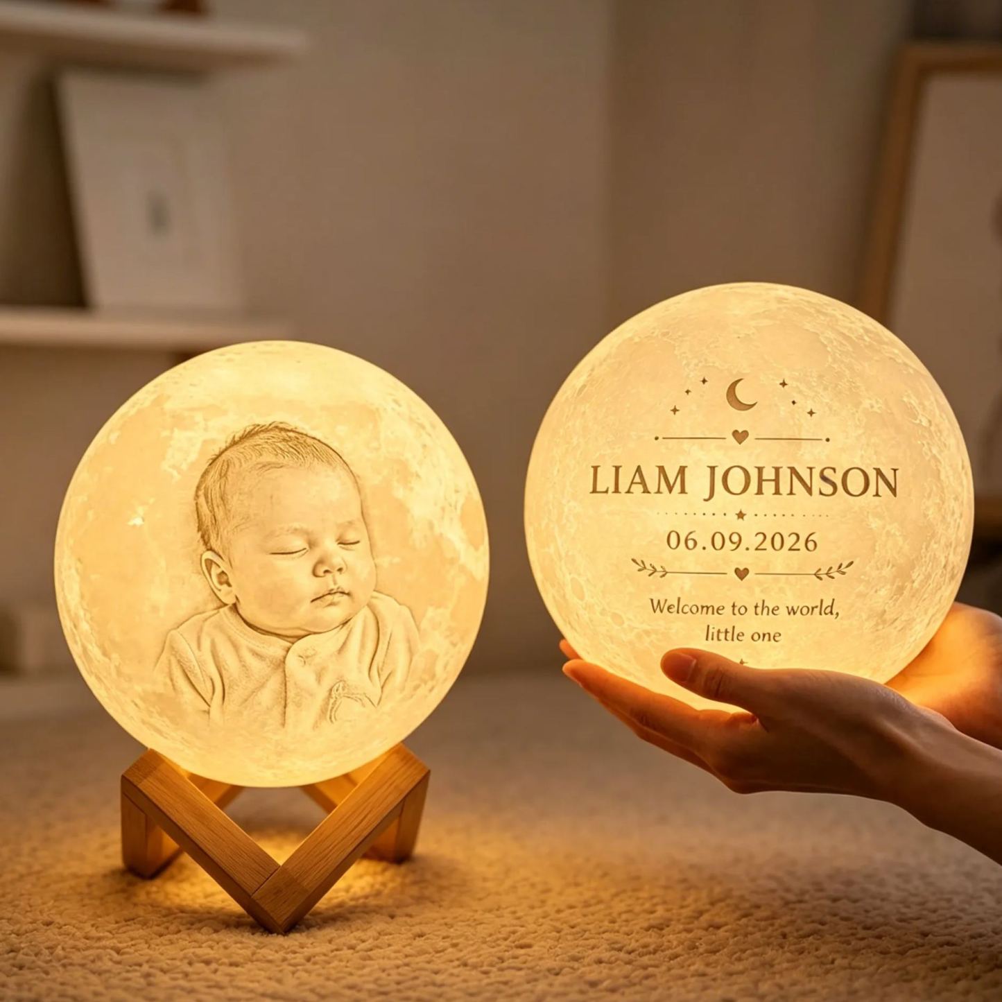 Personalized Newborn Moon Lamp with Baby Photo & Birth Details – Custom Engraved Lunar Calendar Night Light, Baby Birth Announcement Keepsake Gift