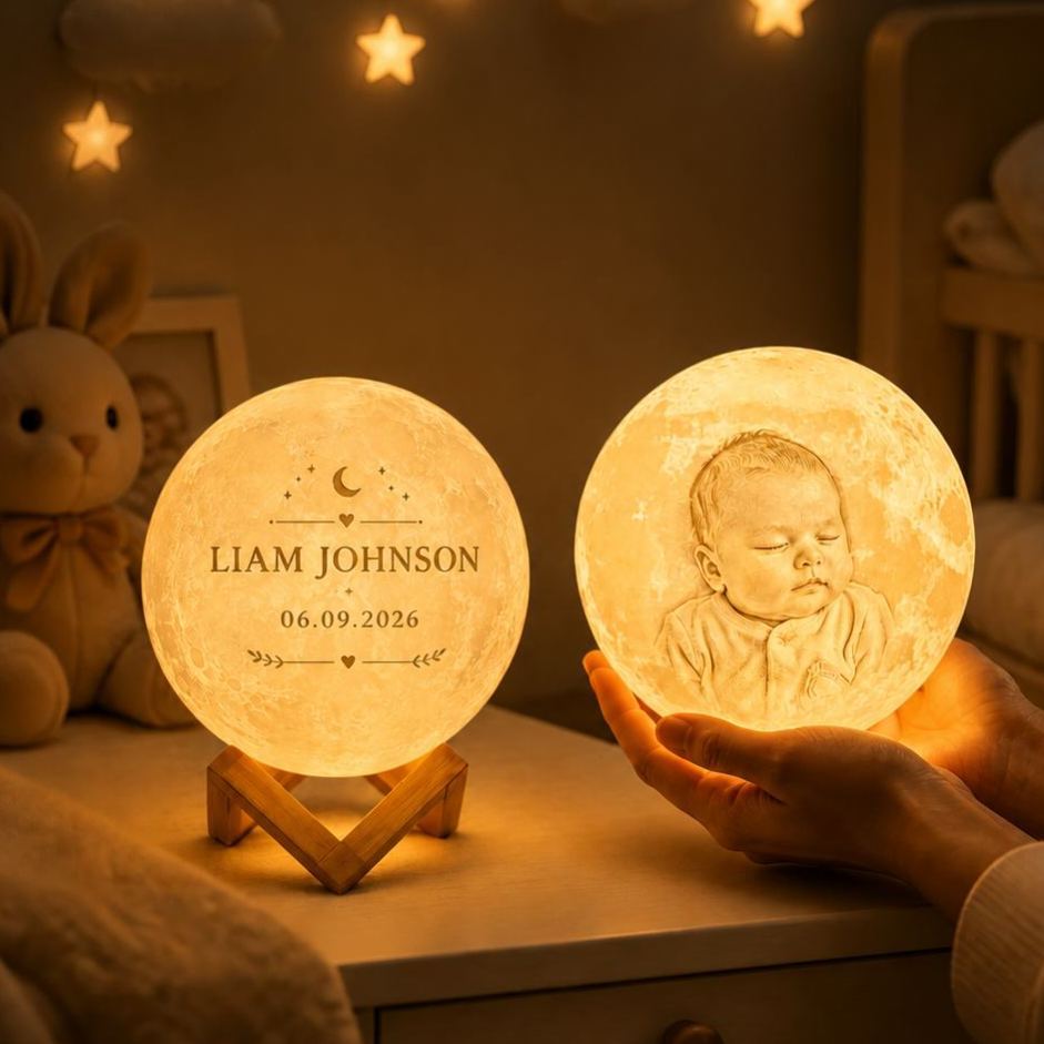 Personalized Newborn Moon Lamp with Baby Photo & Birth Details – Custom Engraved Lunar Calendar Night Light, Baby Birth Announcement Keepsake Gift