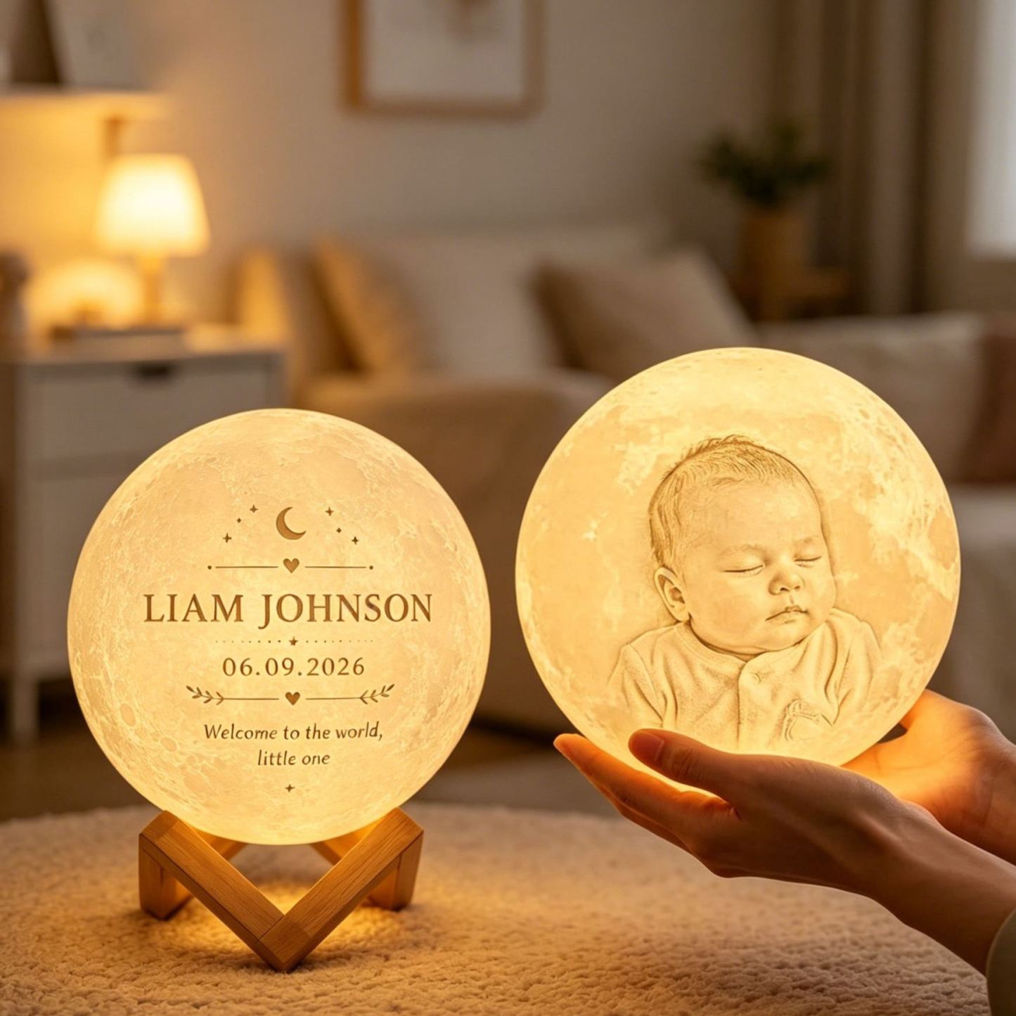 Personalized Newborn Moon Lamp with Baby Photo & Birth Details – Custom Engraved Lunar Calendar Night Light, Baby Birth Announcement Keepsake Gift