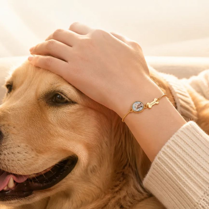 Personalized Pet Photo Bracelet, Custom Name Engraving & Pet Memorial Charm Jewelry, Cat Loss Gift, Remembering Pet - MyMoonLampUk