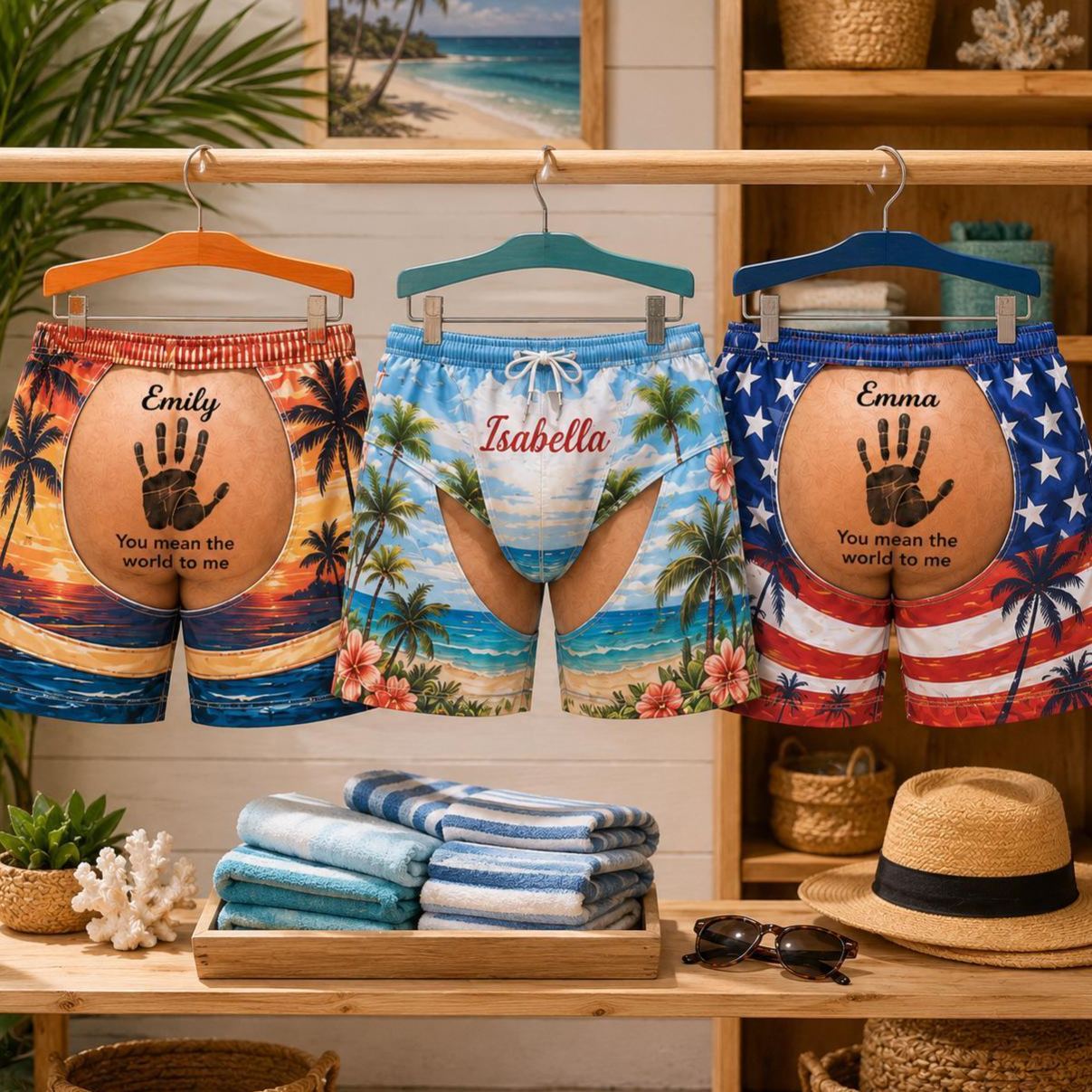 Personalized Men’s Beachwear – Handprint + Custom Name Swim Shorts in Bold Summer Prints (Non-Branded) - MyMoonLampUk
