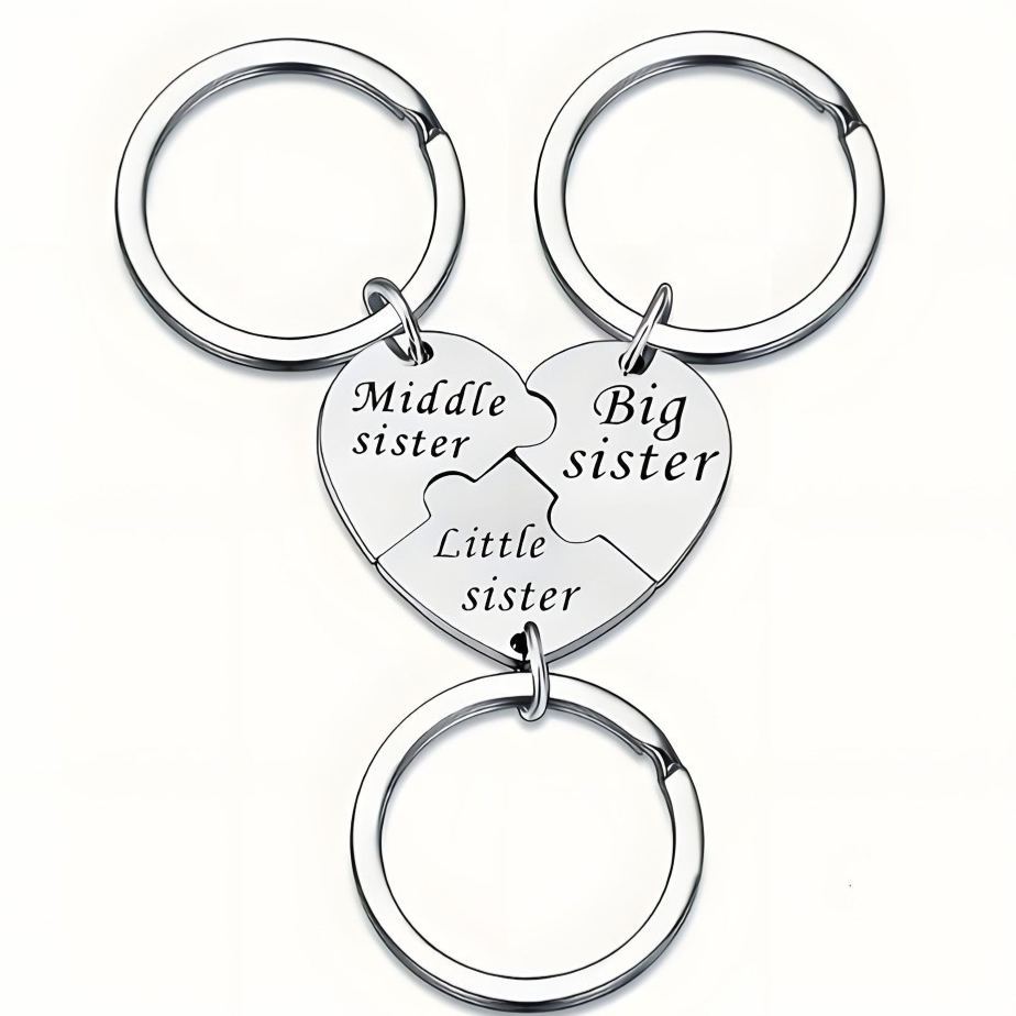 Custom Stainless Steel Puzzle Heart Keychain Set – Big Sister, Middle Sister, Little Sister Engraved Family Bond Gift - MyMoonLampUk