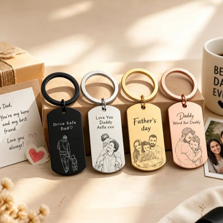 Personalised Photo Keychain Custom Engraved Sketch Keyring for Dad Memorial Stainless Steel Keepsake Birthday Gift for Him - MyMoonLampUk