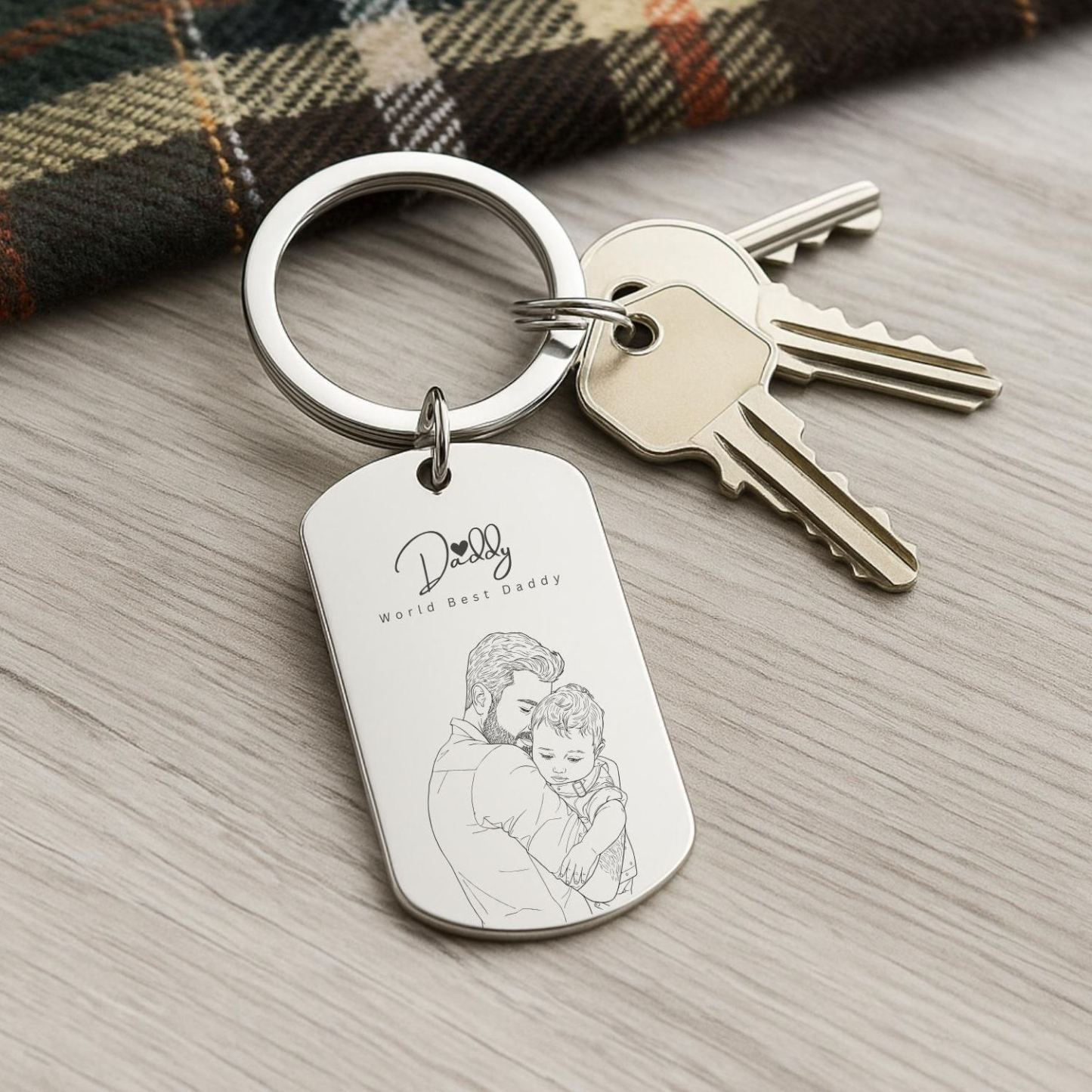 Personalised Photo Keychain Custom Engraved Sketch Keyring for Dad Memorial Stainless Steel Keepsake Birthday Gift for Him - MyMoonLampUk
