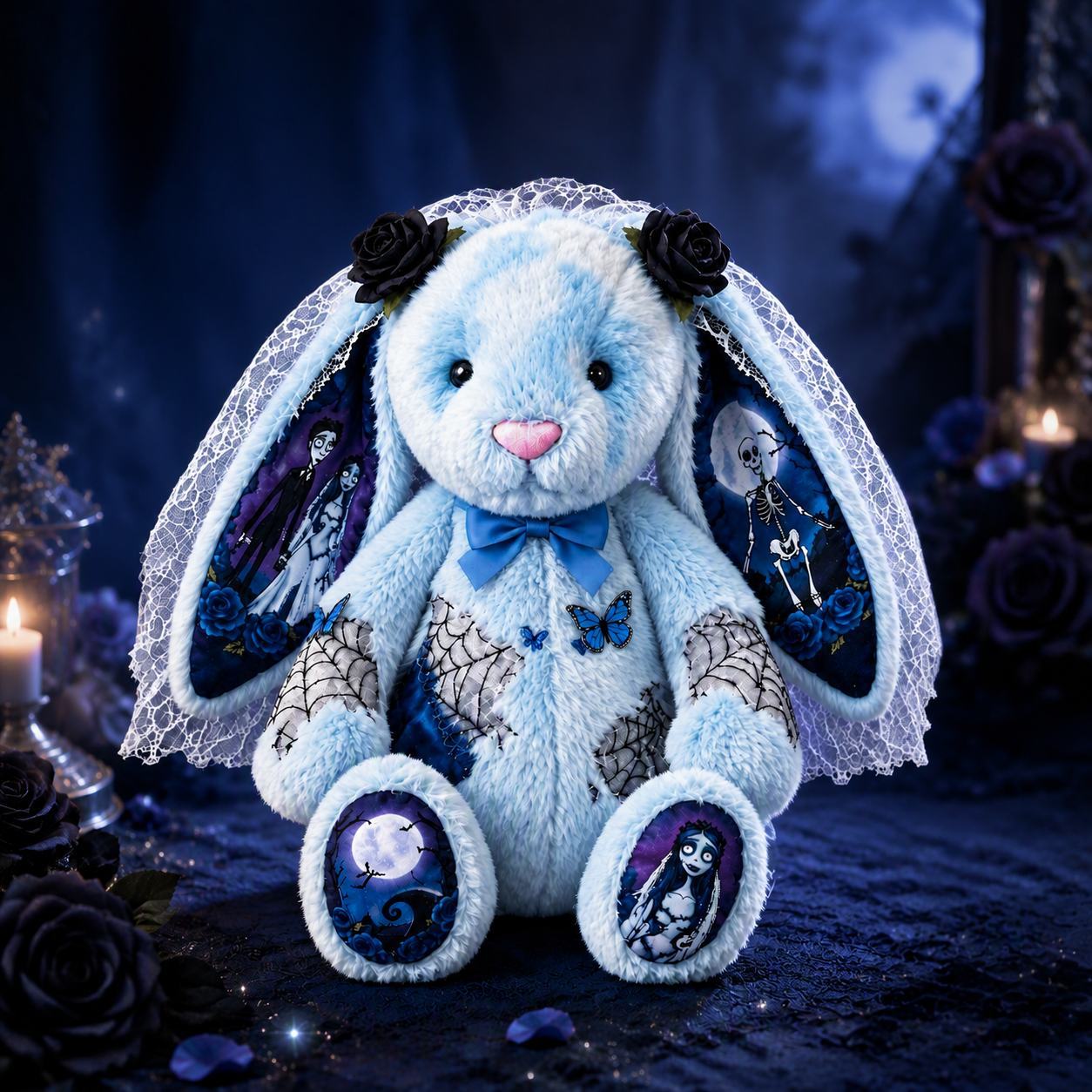 Gothic Blue Plush Bunny Doll with Character Print Ears and Feet – Halloween Gift for Teens & Adults - MyMoonLampUk