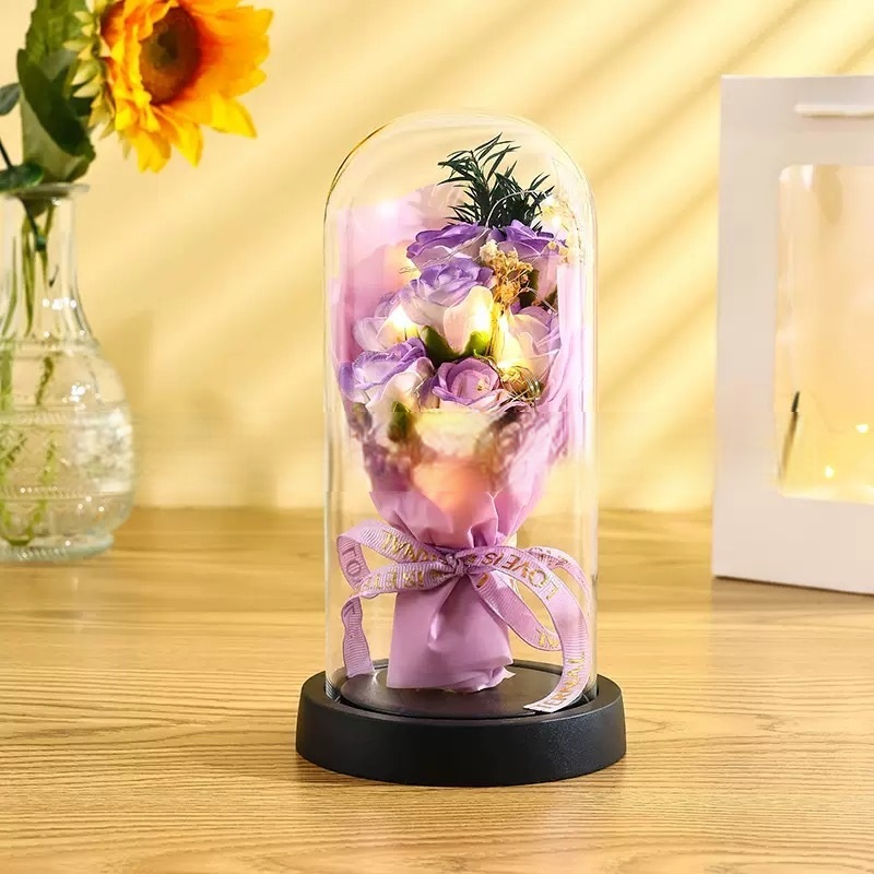 Preserved Rose Glass Dome - LED Light Couple Figurine Decor, Valentine's Day Gift - MyMoonLampUk