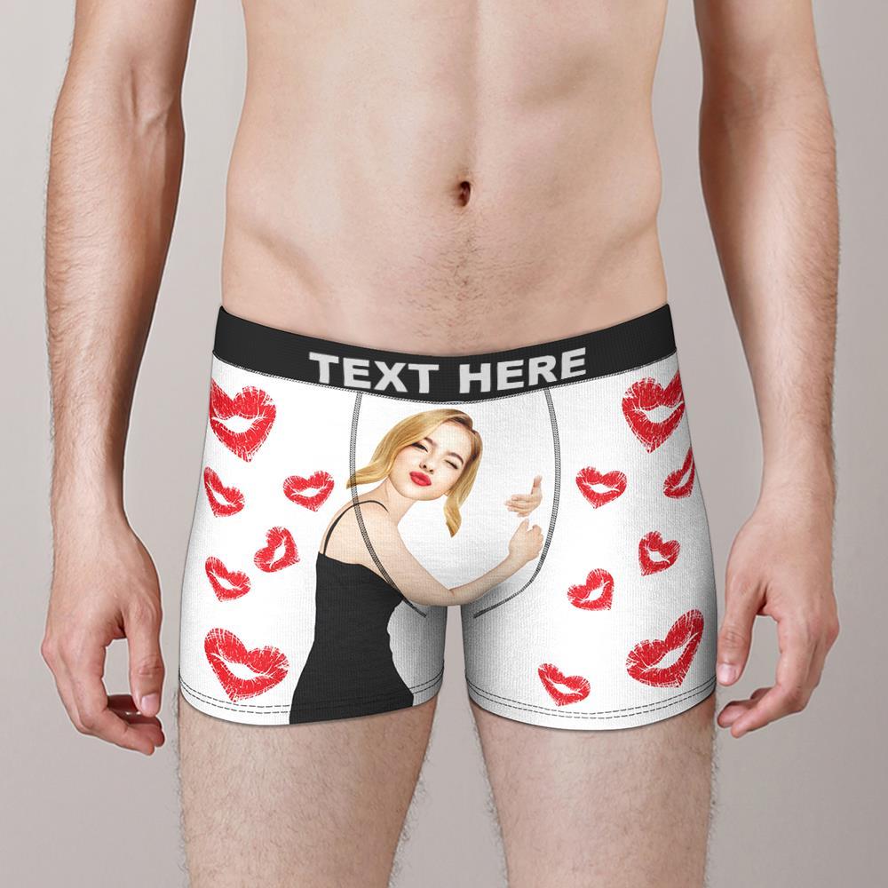 Custom Face Boxers Girlfriend Hug with Heart Lip Print Valentine's Day Gifts For Him