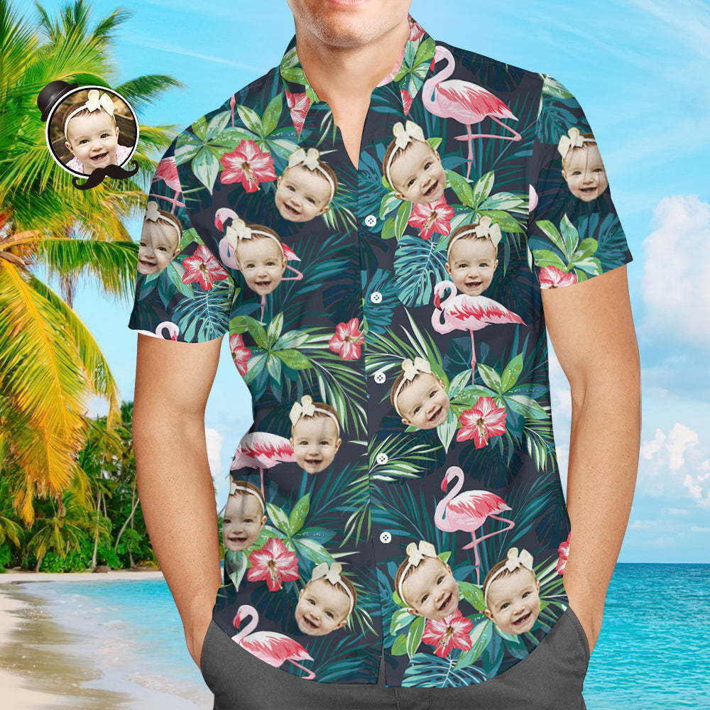 Custom Photo Shirt Men's All Over Print Hawaiian Shirt Leaves and Flamingo