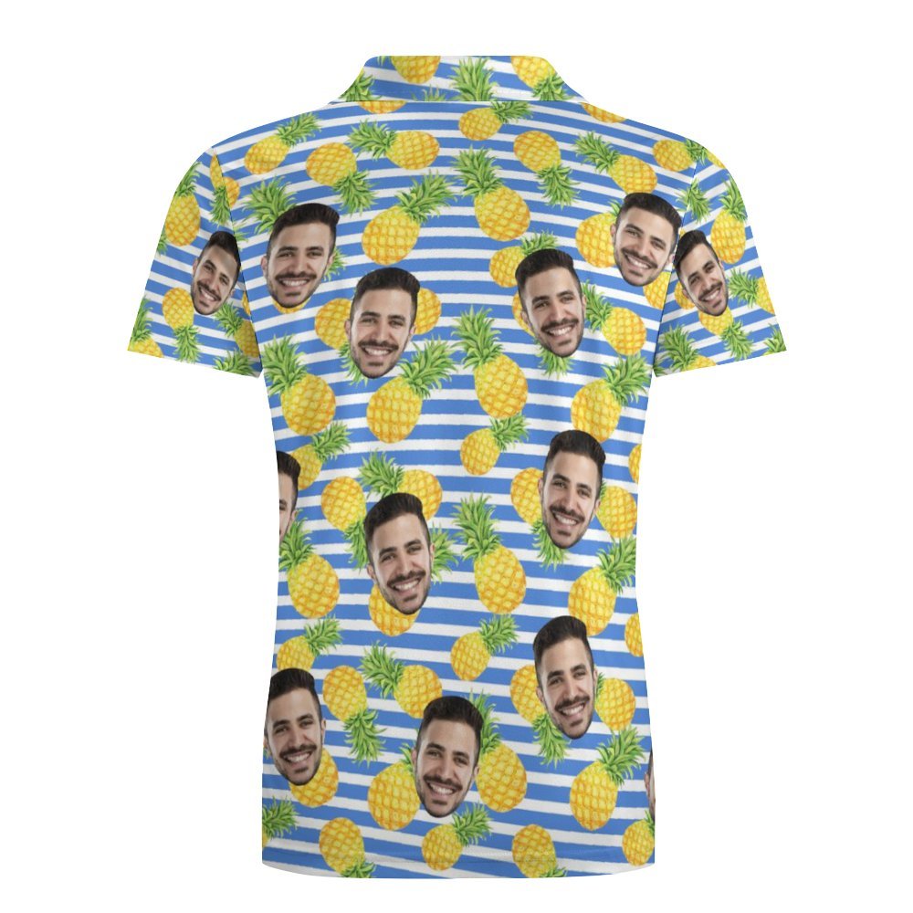Men's Custom Face Polo Shirt Blue Stripes with Pineapples Personalised Hawaiian Golf Shirts - MyFaceUnderwearUK
