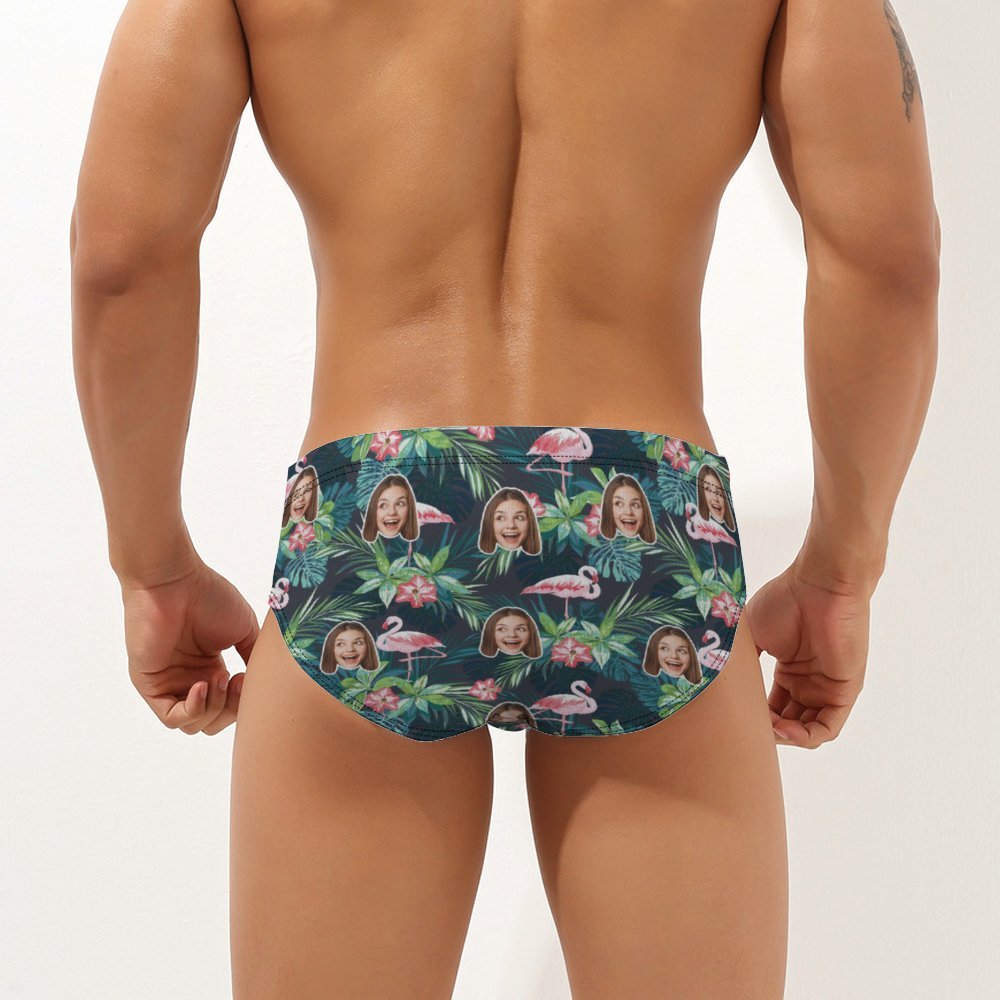 Custom Face Hawaiian Style Men's Swimming Trunks Personalised Flamingo Triangle Swim Briefs - MyFaceUnderwearUK