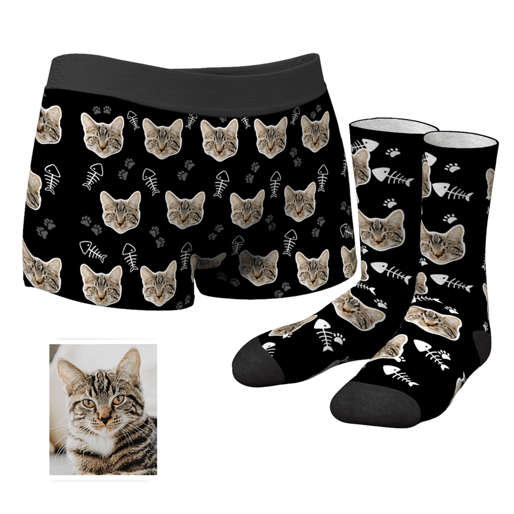 Men's Custom Cat Boxer Shorts And Crew Socks Set - MyFaceUnderwearUK