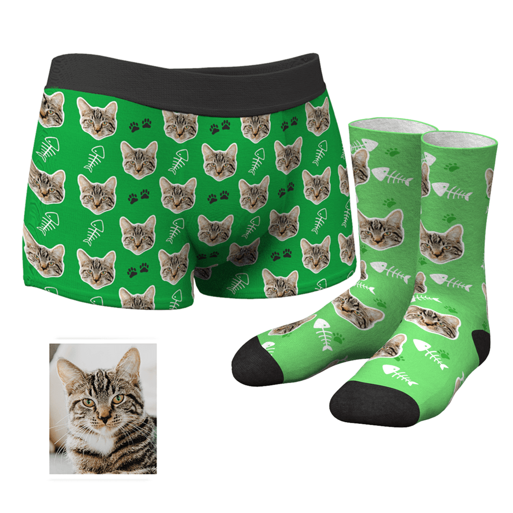 Men's Custom Cat Boxer Shorts And Crew Socks Set - MyFaceUnderwearUK