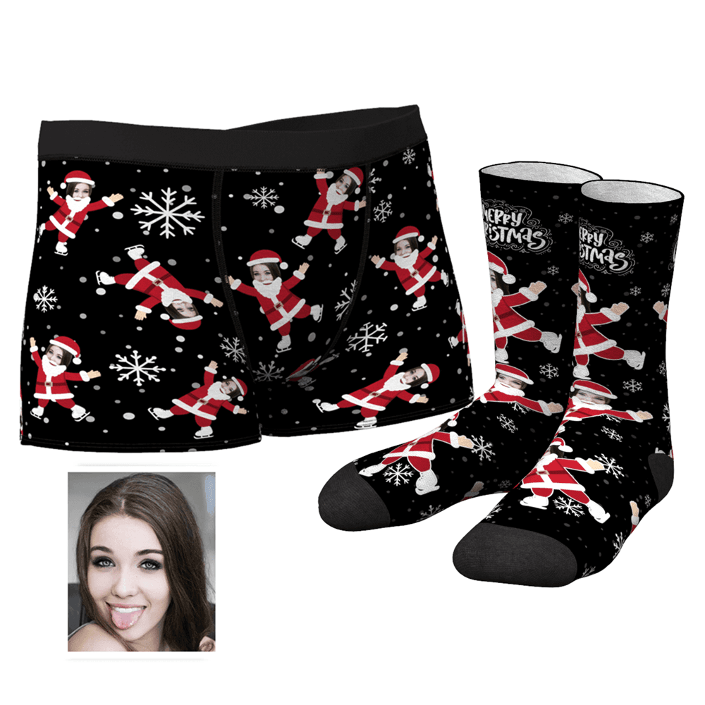 Men's Snowflake Boxers Face on Santa Claus's Body And Crew Socks Set - MyFaceUnderwearUK
