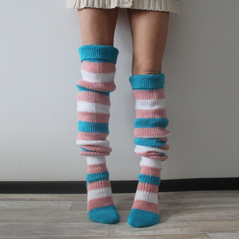 Women Winter Leg Warmers Striped Over The Knee Knitted Pile Socks - MyFaceUnderwearUK
