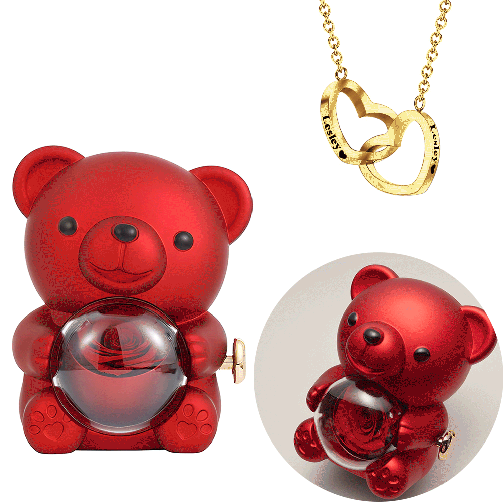 Engraved Heart Necklace with Real Rose Bear Giftbox Rose Shaped Necklace Gift Box Jewellery Gift Box