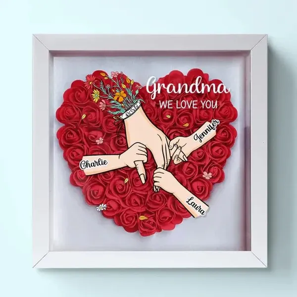 Family Love Blooms Forever – Personalised Mom & Grandma Flower Shadow Box with Names - Bestchristmasgifts