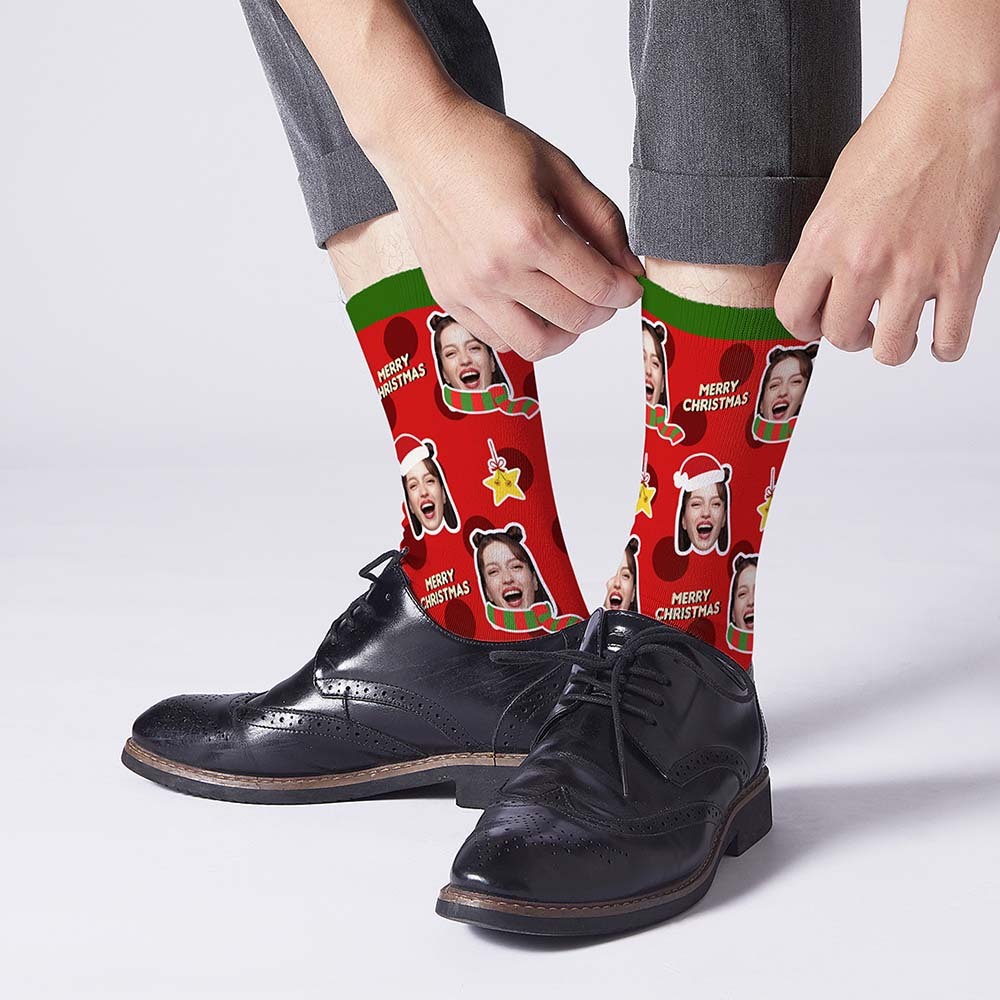 Merry Christmas Socks Custom Scarf And Christmas Hat Face socks - MyPhotoBoxer