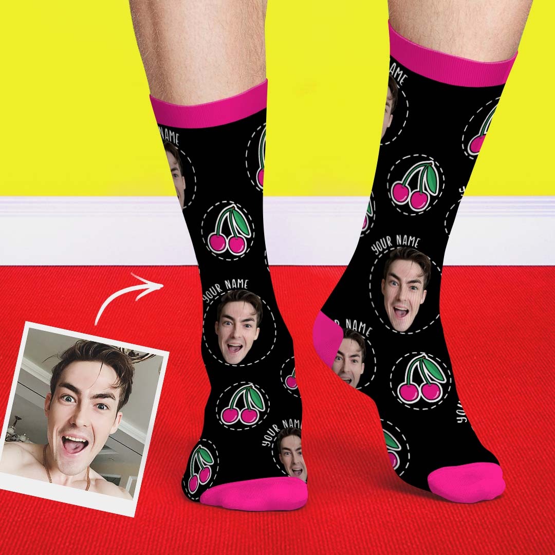 Color Cherry Photo Name Socks - MyPhotoBoxer