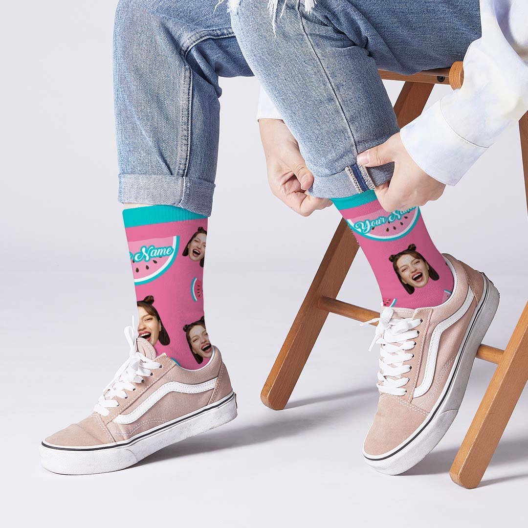 Custom Socks Cool Watermelon With Faces And Name - MyPhotoBoxer