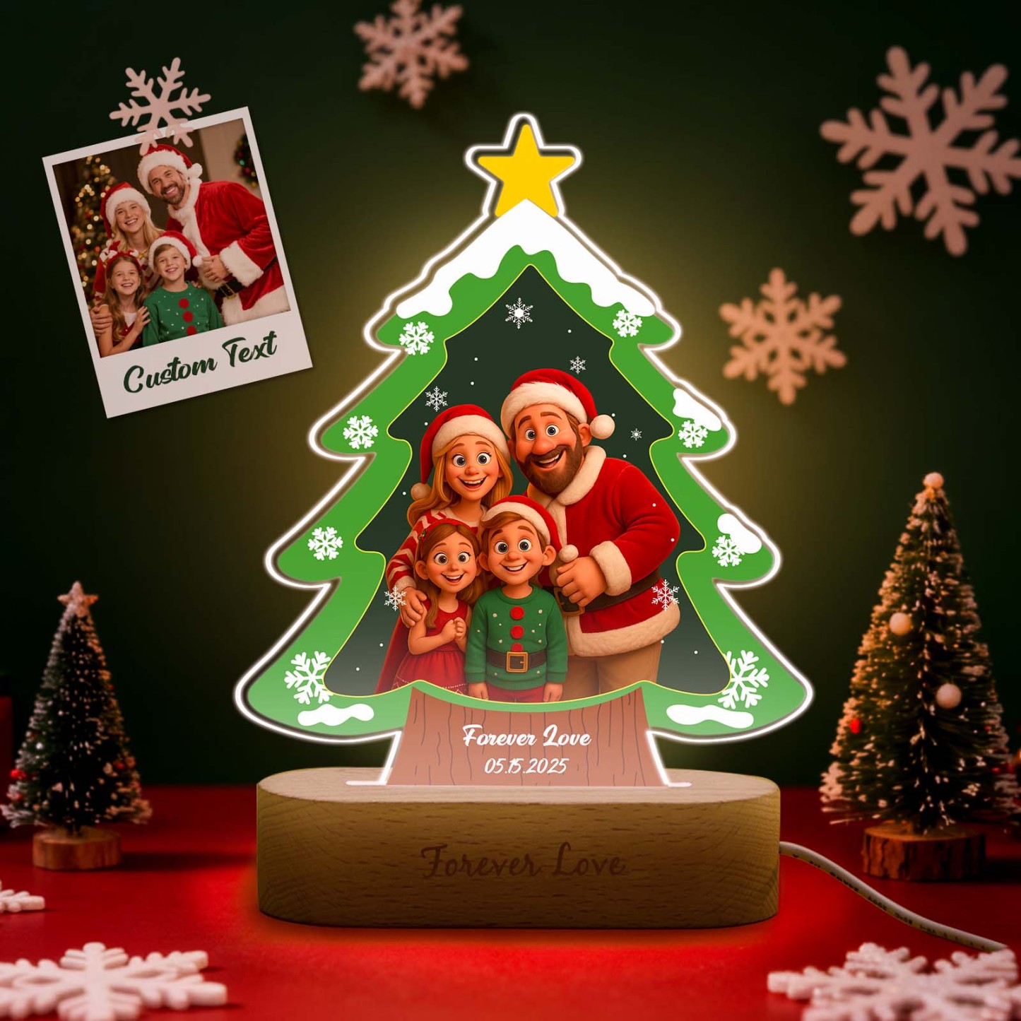 Personalized Christmas Tree Night Light, Custom Photo Engraved Cartoon Style Gift, Best Christmas Gift for Couple, Family - MyPhotoBoxer