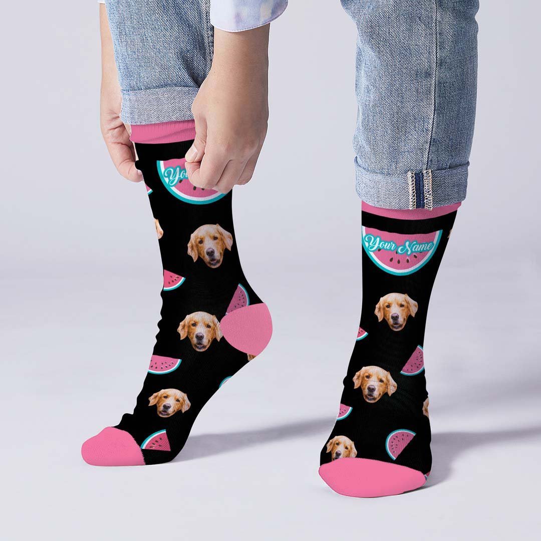 Custom Socks Cool Watermelon With Faces And Name - MyPhotoBoxer