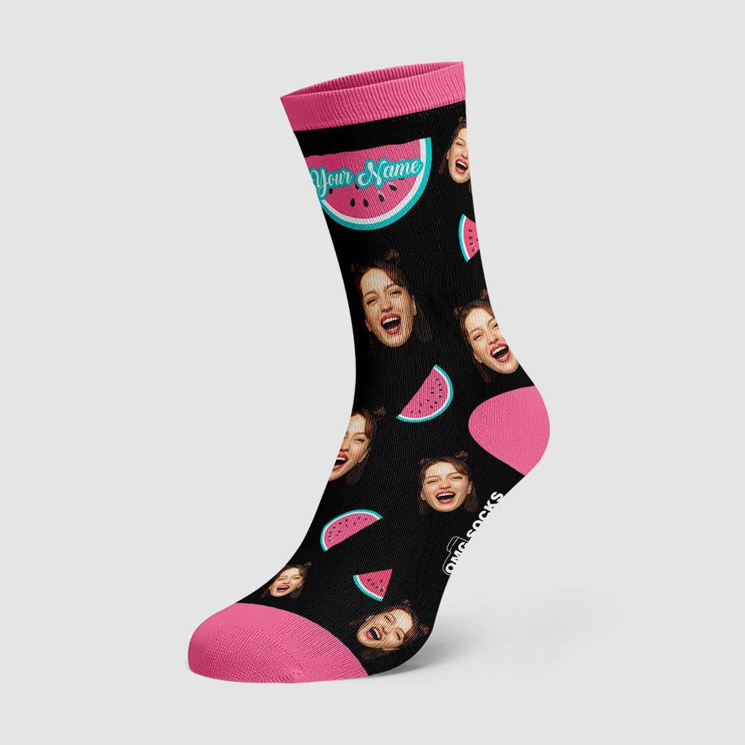 Custom Socks Cool Watermelon With Faces And Name - MyPhotoBoxer