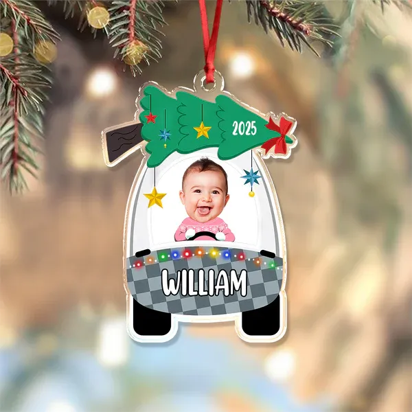 Custom Photo Cute Baby First Christmas Car Acrylic Ornament - MyPhotoBoxer